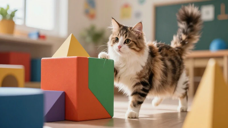 Gato juguetón interactúa con formas geométricas modernas