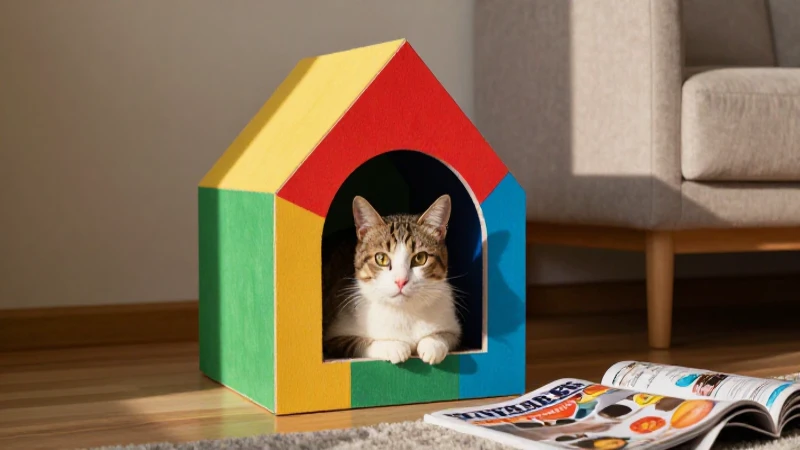 Gato relajado en casa modular colorida y moderna