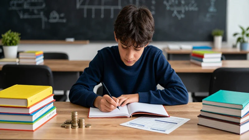 Estudiante ahorra libros en mesa de madera