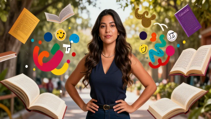 Educador mexicano moderno rodeado de conceptos lingüísticos