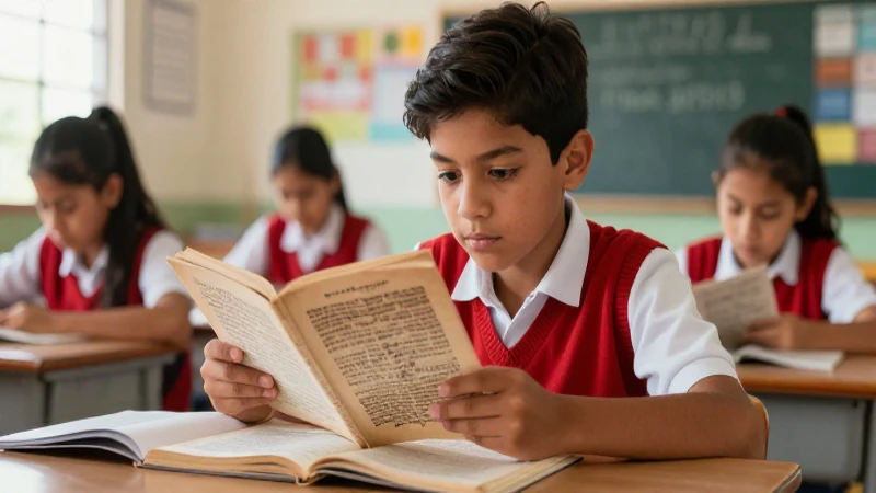 Joven estudia en aula mexicana con libro antiguo