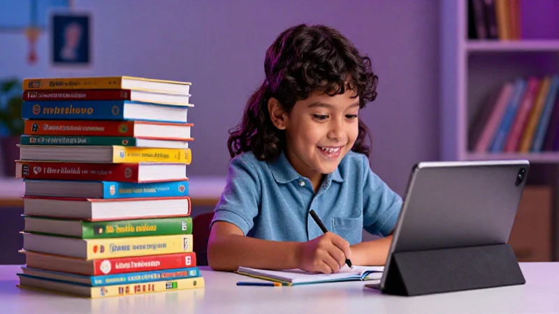 Niño mexicano feliz y concentrado aprendiendo con libros y tablet