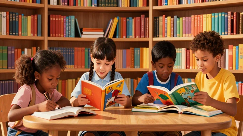 Conoce el catálogo de libros para primaria y potencia el aprendizaje 3 Ilustración educativa vibrante de niños en biblioteca