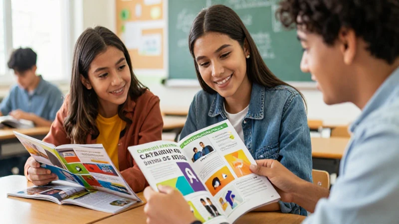 Estudiante interactúa con catálogo educativo moderno