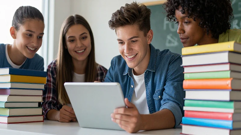 Estudiante feliz usa tablet entre libros