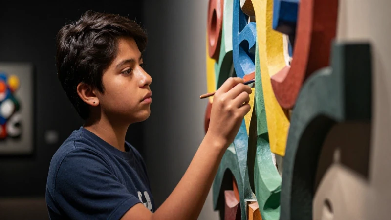 Estudiante mexicano con escultura abstracta