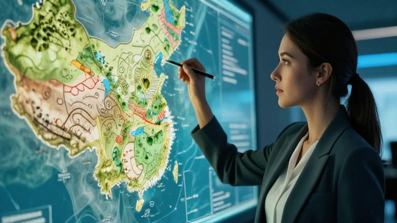 Mujer moderna estudia mapa antropológico con luz