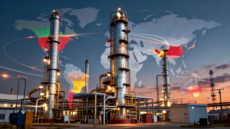 Refinería estilizada, mapa global vibrante y detallado