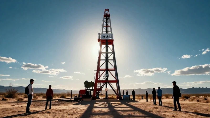 Torre petrolera dramática en desierto con comunidad