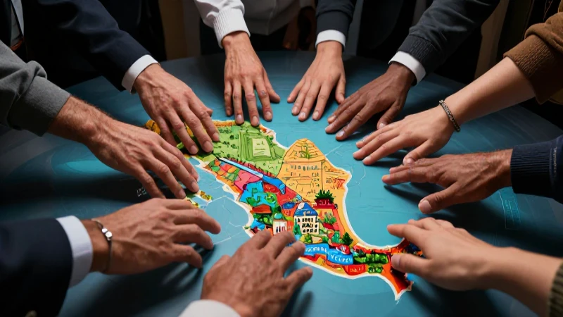 Manos diversas sobre un mapa mexicano moderno