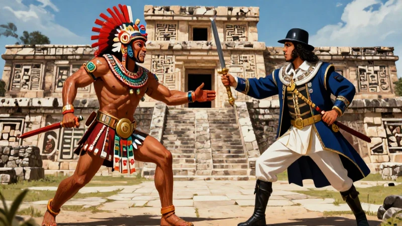 La conquista de México: Causas, consecuencias y transformación histórica 3 Duelo épico Azteca contra conquistador en ruinas