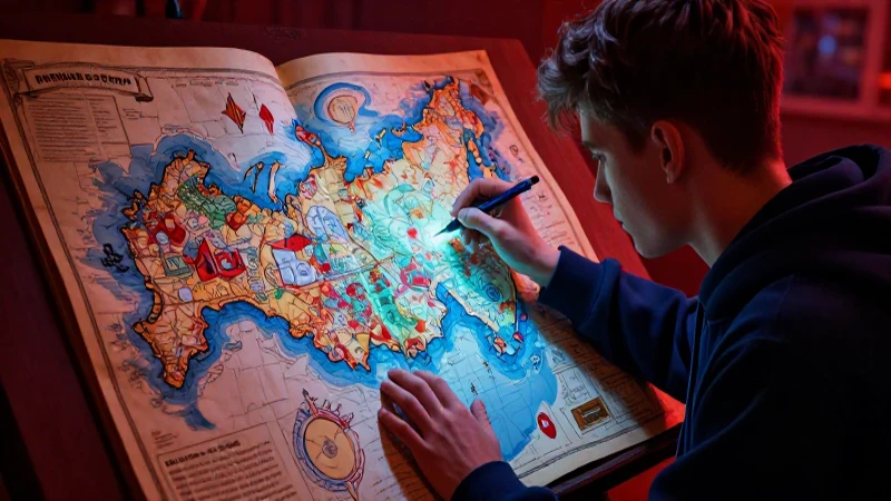 Estudiante examina mapa ruso iluminado con estilo
