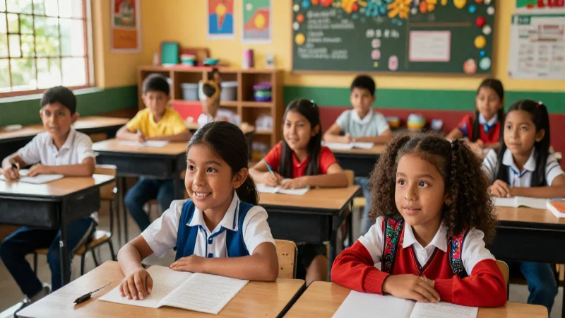 Niños alegres en aula mexicana moderna