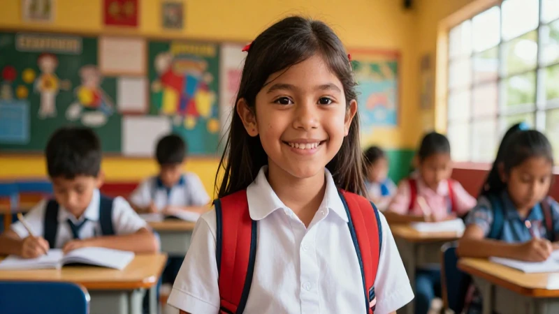 Niño sonriente en escuela mexicana vibrante