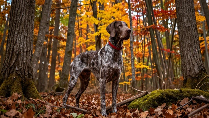 Retrato dinámico de perro de caza en otoño