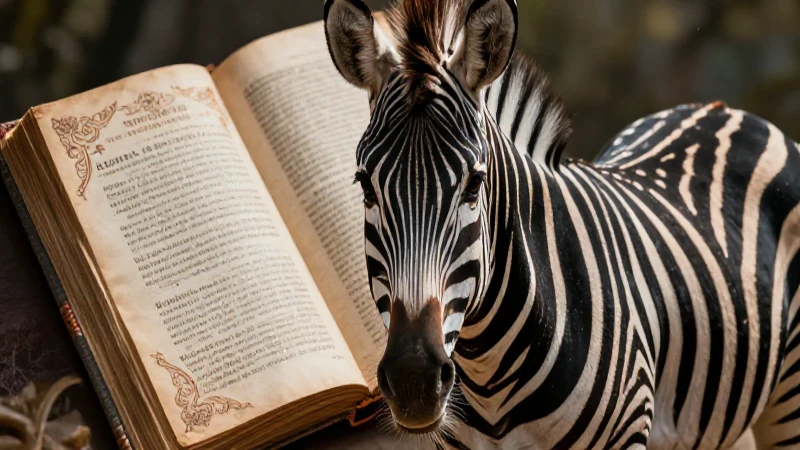 Cebra dramática junto a un libro antiguo