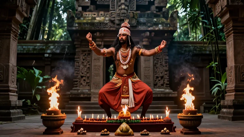 Sacerdote maya bailando con altar ritual en la selva