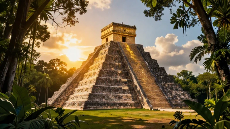 Pirámide maya majestuosa bajo luz dorada