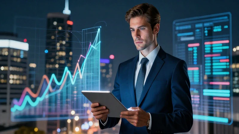 CEO atractivo y moderno con hologramas de datos