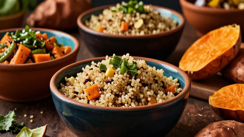 Cereales y tubérculos: la clave para una alimentación saludable 3 Comida vibrante de quinoa y camote, estética mexicana