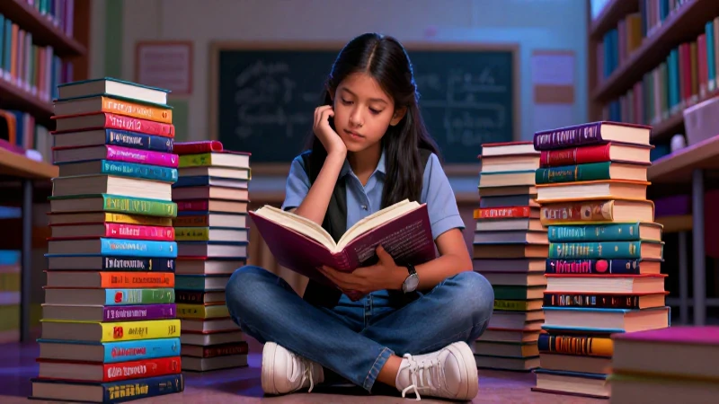 Estudiante mexicano con libros vibrantes y luz dramática
