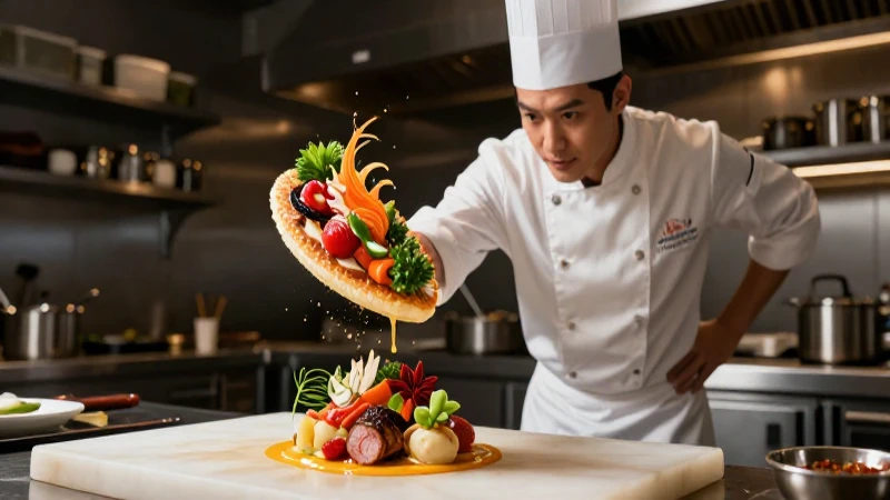 Cocinero profesional crea plato gourmet dinámico