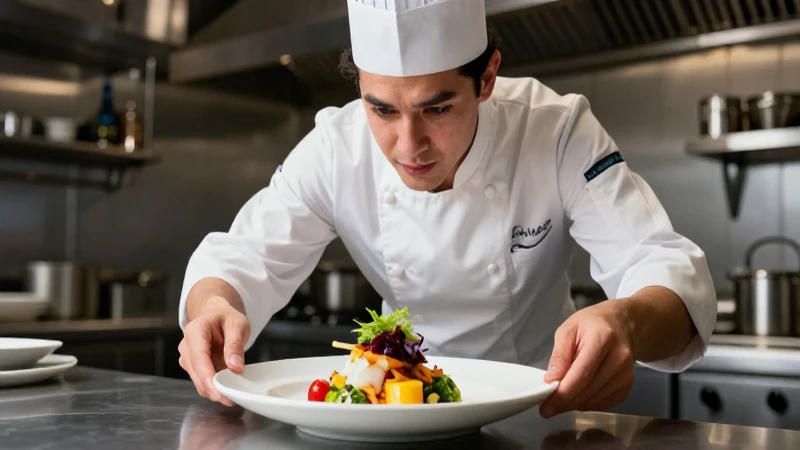 Chef profesional emplata platillo de alta cocina