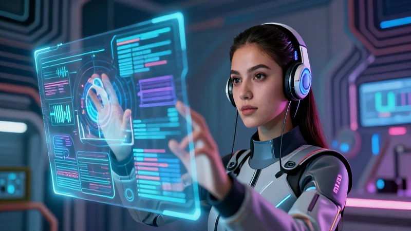 Chicas en Tecnología: Inspiración y Innovación del Futuro 7 Joven mexicana interactúa con tecnología holográfica futurista