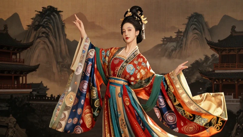 Mujer china con Hanfu en paisaje montañosos
