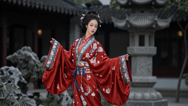 Elegante mujer en Hanfu en jardín chino