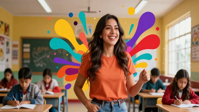 Educador mexicano vibrante con fondo dinámico colorido