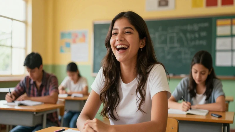 Estudiante mexicano alegre en aula moderna