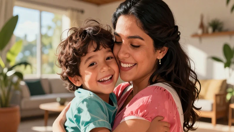 Madre cariñosa abraza a niño feliz en casa