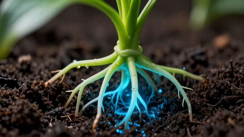 Raíces absorbieron agua brillante en suelo oscuro