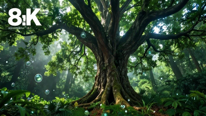 Bosque verde hiperrealista con majestuoso árbol antiguo