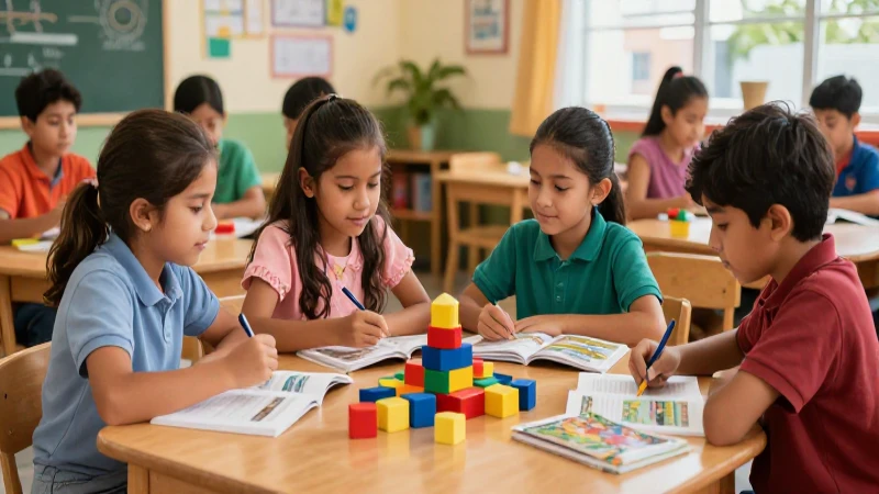 Niños colaboran en clase con estética educativa