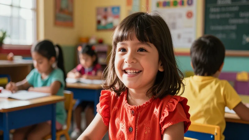 Niño feliz en vibrante aula mexicana