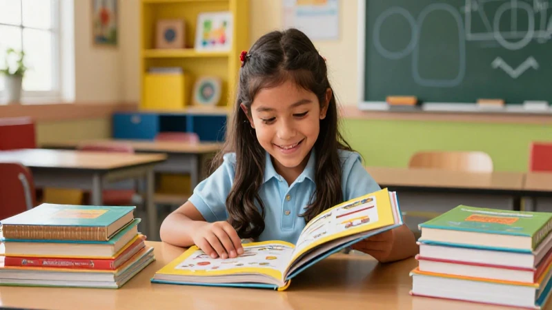 Asegura la educaci贸n de tus hijos con libros de texto gratuitos 4 Ni帽o feliz con libros coloridos en clase moderna
