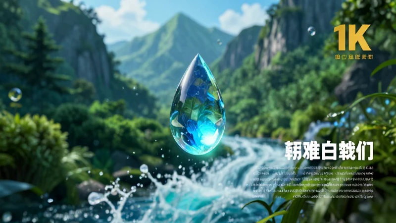 Cristal, montañas verdes y agua dinámicos