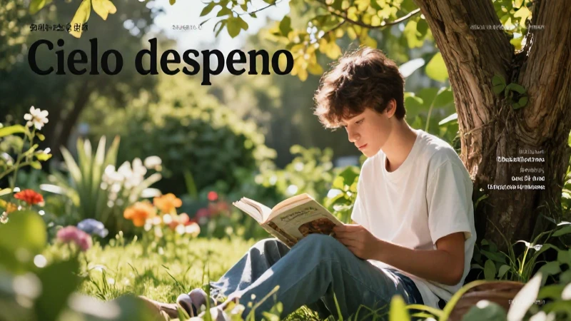 Cielo despejado: Disfruta de la belleza del verano radiante 7 Estudiante leyendo en jardín vibrante de verano