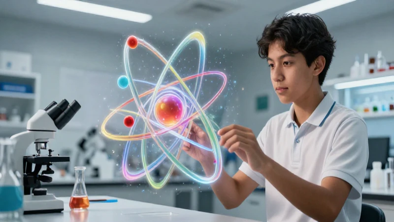 Estudiante mexicano moderno con estructura atómica holográfica vibrante