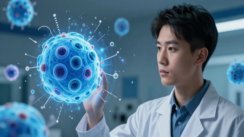 ¡Explora el increíble vínculo entre ciencia, tecnología y física! 3 Científico estudia estructura celular holográfica azul