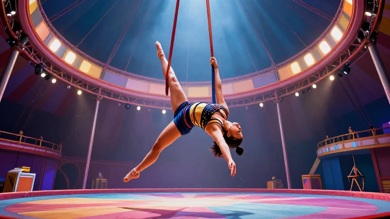 Acrobata elegante en circo moderno, ilustración vibrante y realista