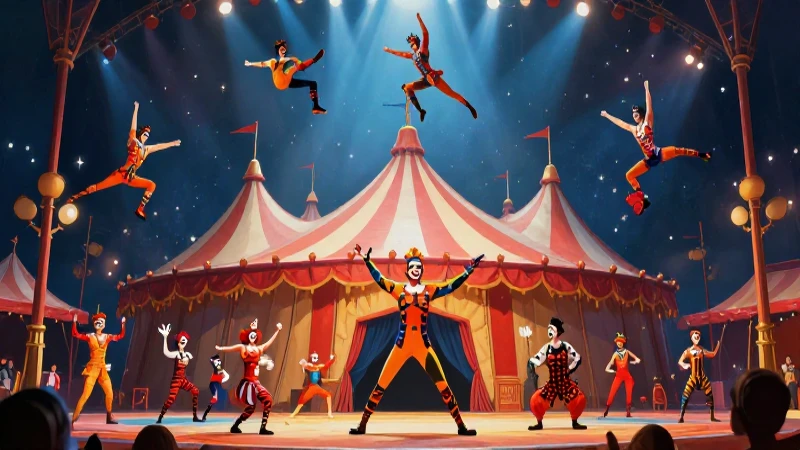 Circo vibrante con acróbatas y payasos
