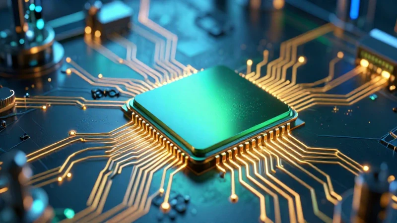 Microchip con redes neuronales doradas e iluminación dramática