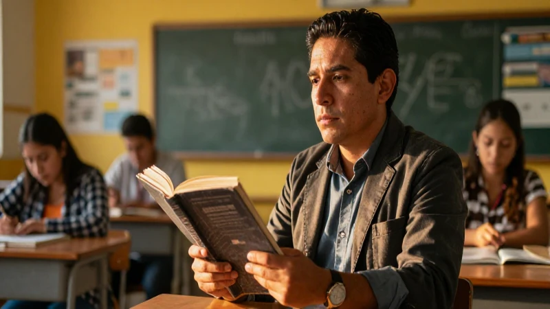 Educador mexicano, luz dorada, ambiente cinematográfico