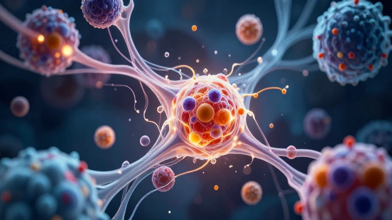 Cito celular vibrante con estructuras moleculares brillantes