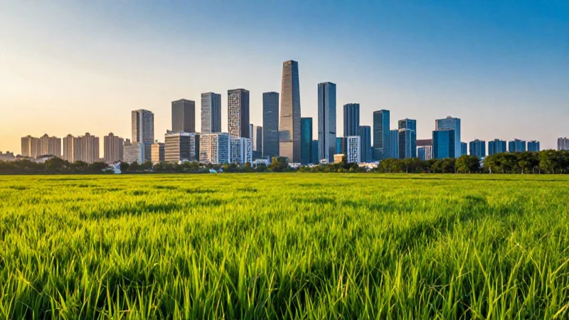 Campos vibrantes y ciudad sostenible en luz dorada