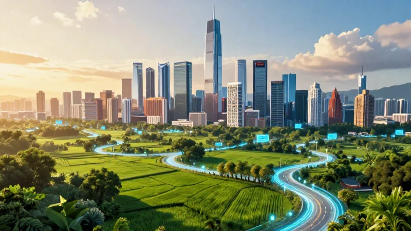 Ciudad futurista y naturaleza conectadas por luces