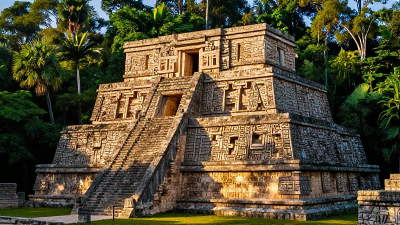 Civilización Maya: Ubicación, Historia y Características 4 Ruinas mayas detalladas en exuberante selva dorada